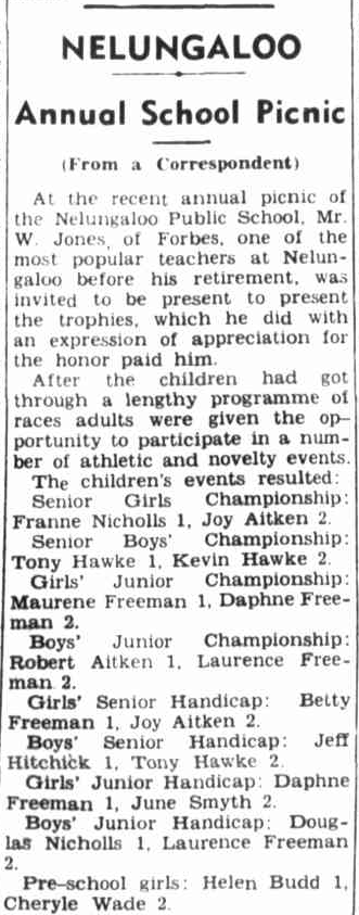 Excerpt from an article about the Nelungaloo School Picnic. To read the article in its entirety click here. Source: The Forbes Advocate Friday 17 October 1952, page 9 at http://nla.gov.au/nla.news-article219106210