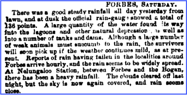 Weather report highlighting the heavy rains that filled lagoons and other natural depressions, tanks and dams. Source: The Sydney Morning Herald Monday 28 April, 1884 page 6