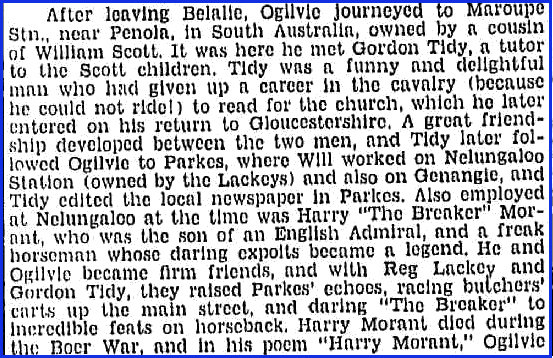 Excerpt from a newspaper tribute to Will Ogilvie. The excerpt highlights that Will Ogilvie worked on the Lackey's property Nelungaloo, alongside another famous Australian, Harry "Breaker" Morant. Source: Western Herald Friday 2 October 1970 p.3 at https://trove.nla.gov.au/newspaper/article/103964690