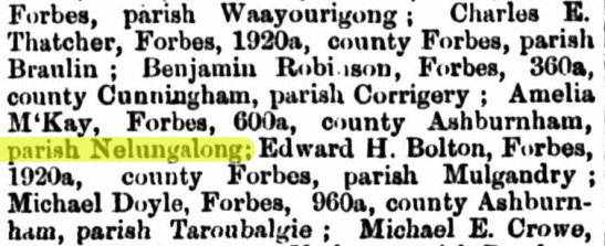 Prior to Nelungaloo becoming part of the local lexicon, there was the parish of Nelungalong - part of the county of Ashburnham. Source: The Burrangong Argus Wednesday 6 September 1876 p.2 at http://nla.gov.au/nla.news-article247274378