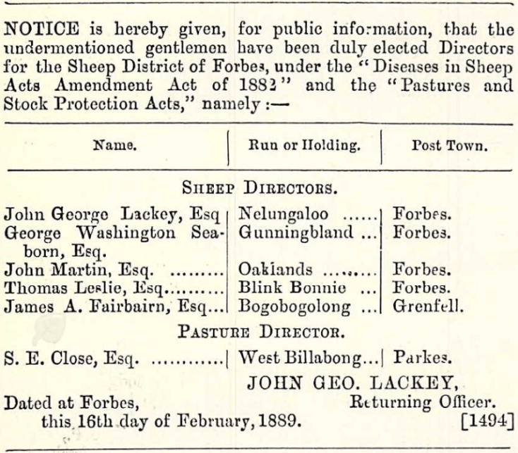 John George Lackey, Esq of Nelungaloo was one of the elected Directors for the Sheep District of Forbes. Source: New South Wales, Government Gazettes found on Ancestry.com (Library Subscription)