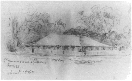 Sketch of Commissioner's Camp circa 1860 which became 'Droubalgie' homestead. Source: Forbes, New South Wales, Australia by Jeannette Hildred (Editor) p.47