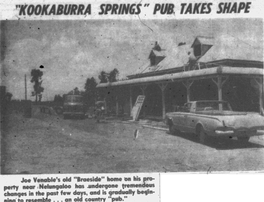 Joe Venable's old "Braeside" home on his property in Brolgan (near Nelungaloo) was used by Immigrant Productions and turned into Mayfair Hotel, the pub and "headquarters" for Kookaburra Springs Public School's P&C meetings. Source: Parkes Champion Post Wednesday, January 5, 1972 p.3