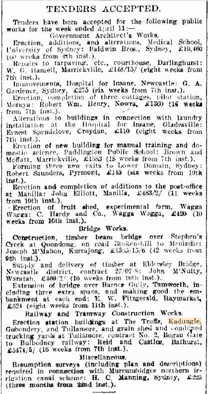 The first mention of Kadungle in the newspapers is about railway station buildings being erected at The Troffs, Gobondery, Tullamore and Kadungle. Source: The Daily Telegraph Tuesday 14 April 1908 p.5