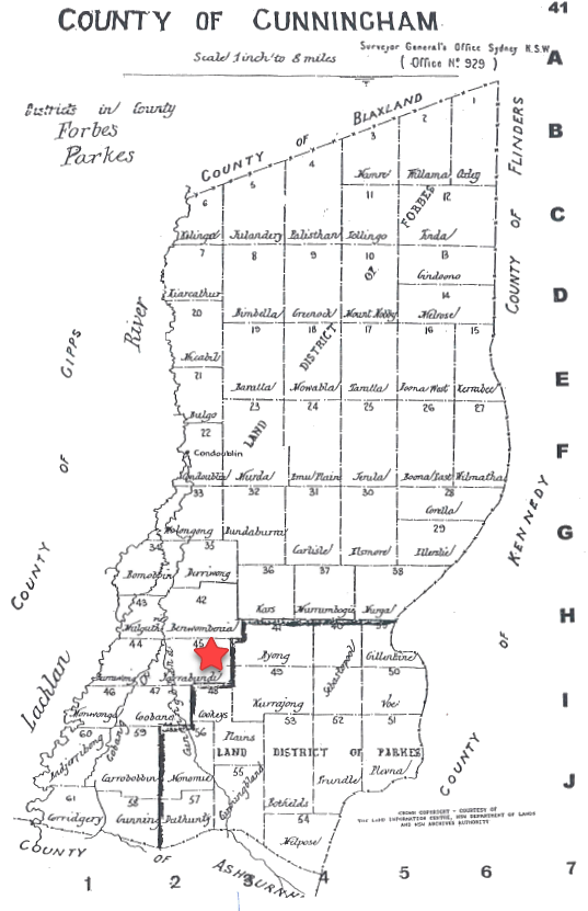 Map of the County of Cunningham with Yarrabandai highlighted. Source: County & Parish Maps of NSW with Index by Alice Jansen (1999) p.41