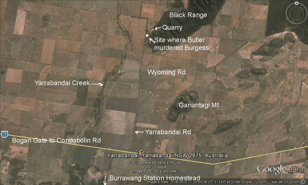 Map drawn up by Ron Dunford of the site of Burgess's murder at Yarrabandai by Frank Butler. Source: Parkes In Photos of Years Gone Past Facebook page