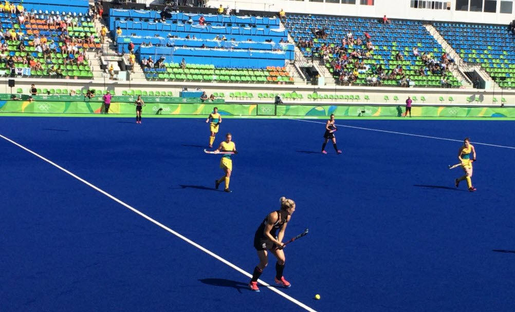 Mariah (centre) in action against New Zealand at the Rio Olympic Games. Source: Dusty Powter personal photograph